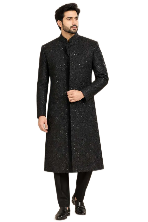 Black Embroidered Sherwani Set with Shoes