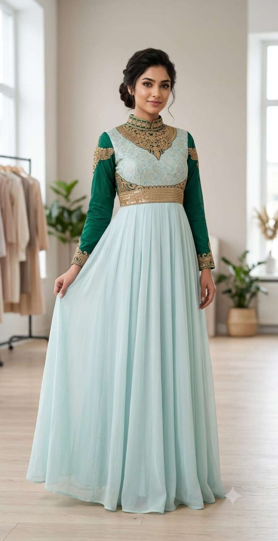 Green Embroidered Frock Maxi