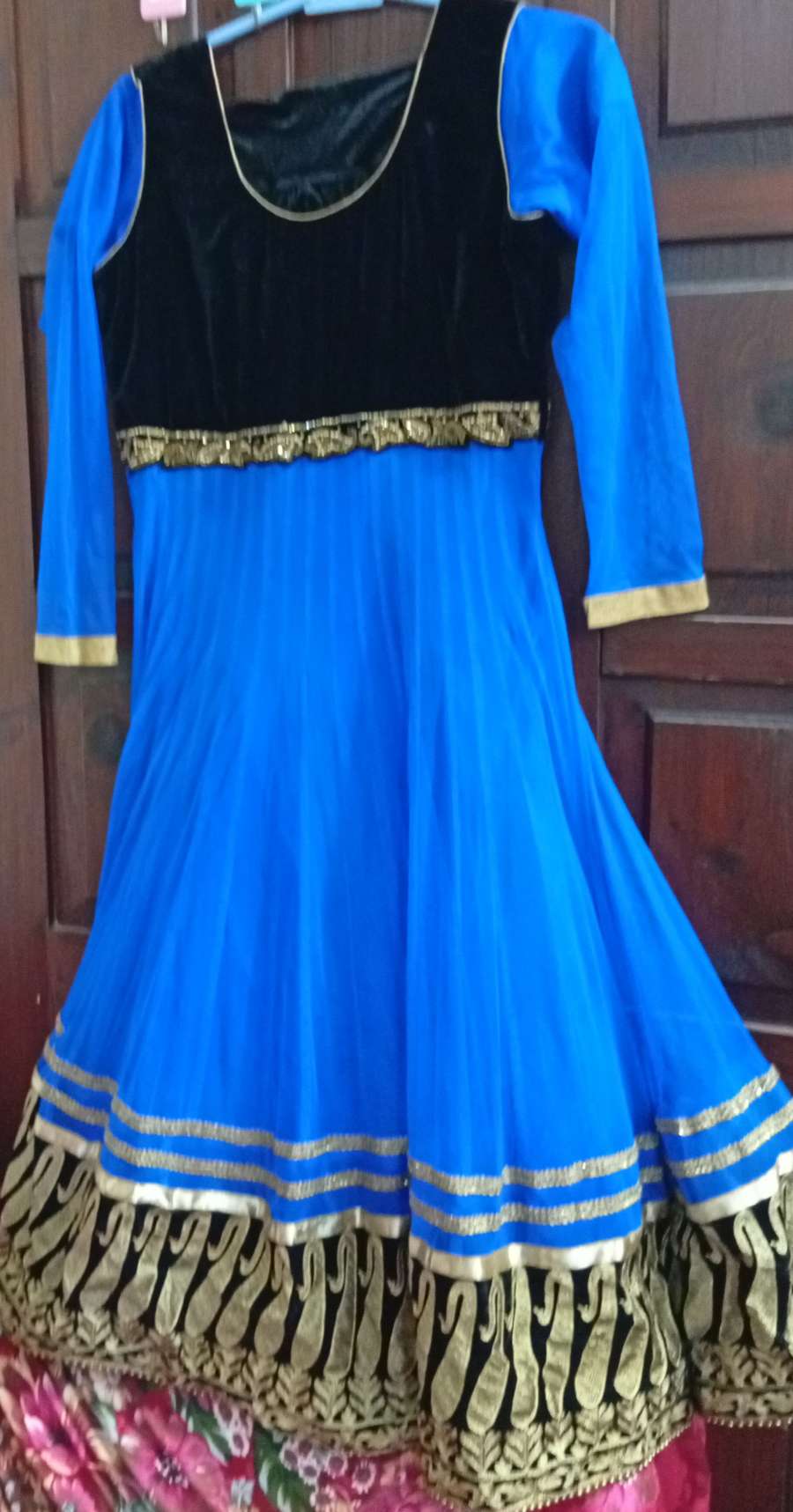 Blue Net Festive Frock with Black Velvet Yoke