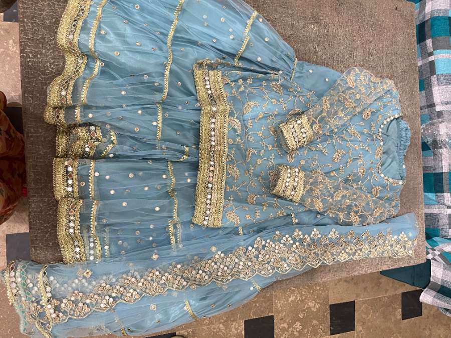Sky blue custom-stitched 3-piece formal sharara set