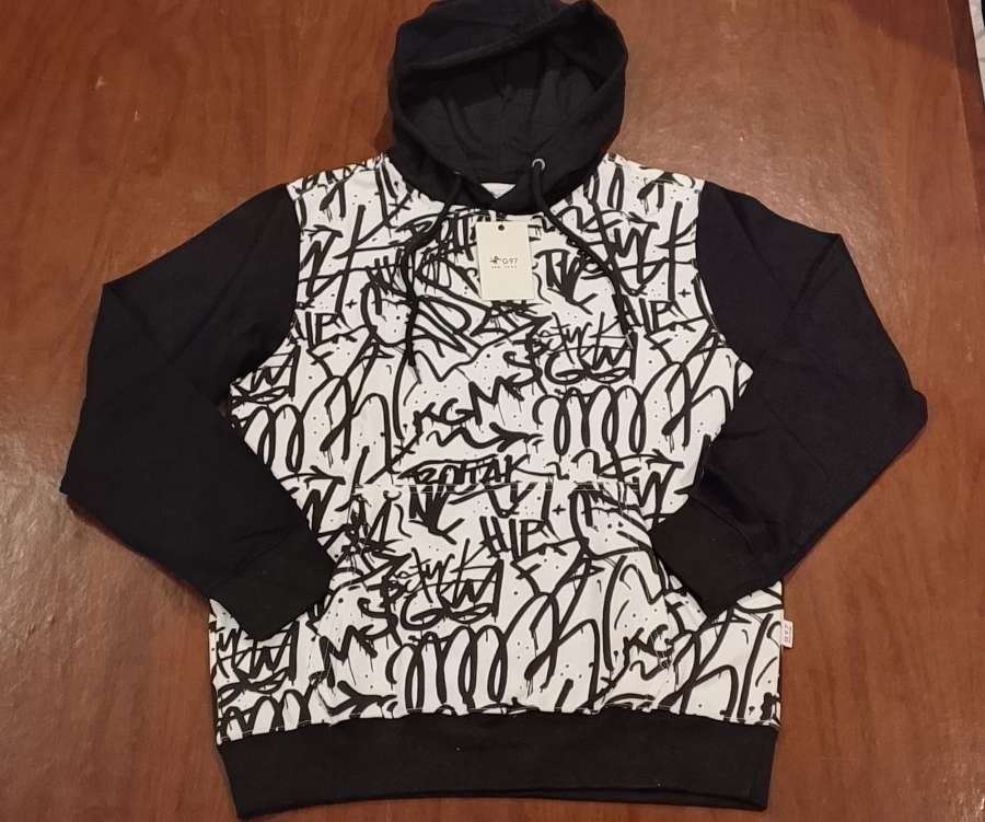 G97 Premium Men's White & Black Line Printed Hoodie