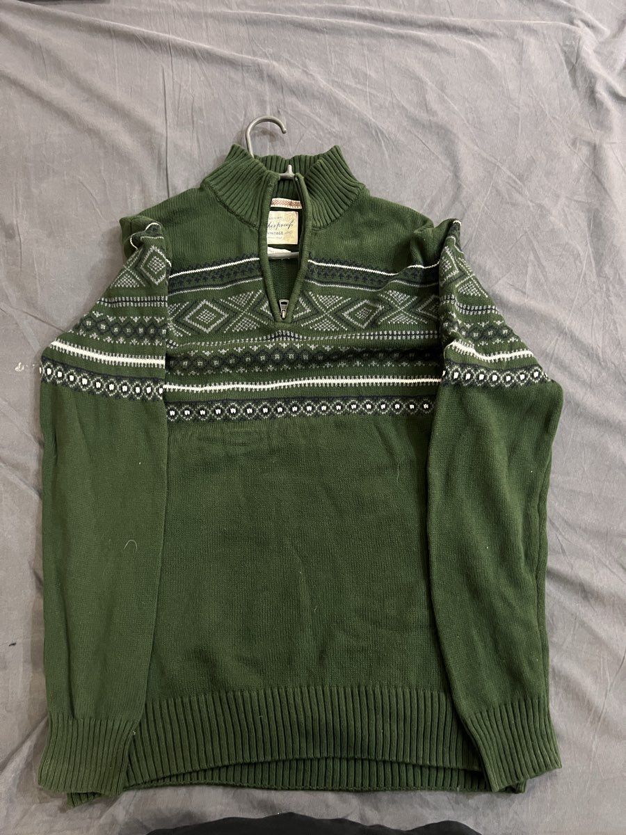 Vintage Weatherproof Green Isle Pattern Quarter Zip Knit Sweater Mens Retro Winter style