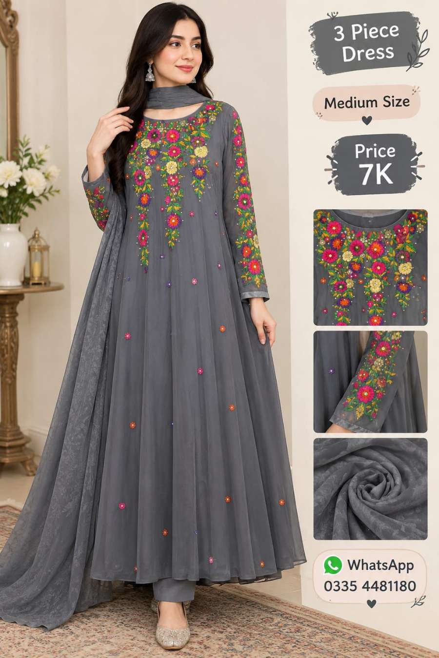 Grey Embroidered 3 Piece Frock